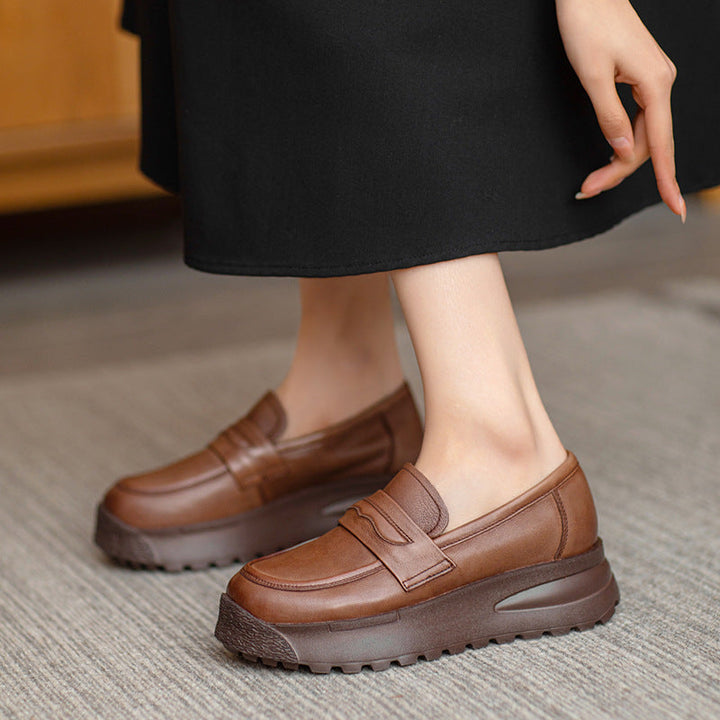 Women Retro Thick Bottomed Increased Height Non-slip Leather Loafers