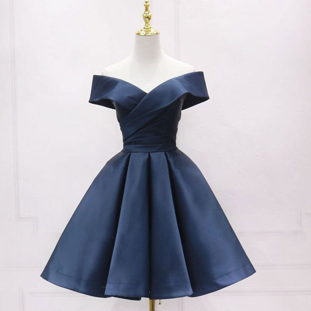 Navy Homecoming Dress Off Shoulder Satin Dark Blue Short Prom Dress