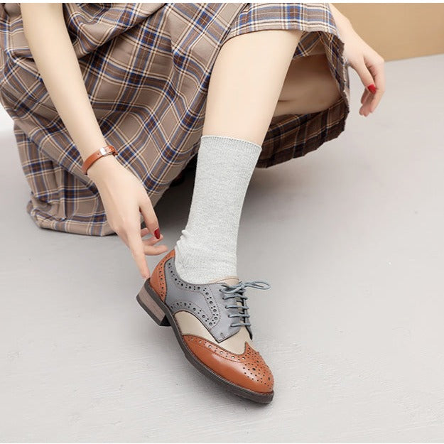 Women's Classical Leather Brogues Flat Lace-up Oxford Loafers