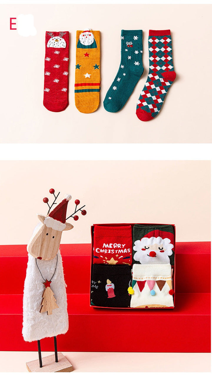Cute Christmas Cartoon Mid-calf Cotton Socks 4pc Gift set