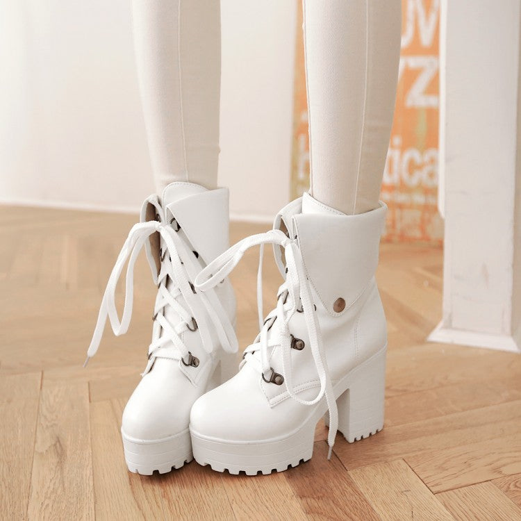 Japanese White Black Platform Lace Up Ankle Boots cosplay