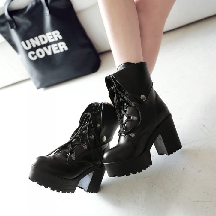 Japanese White Black Platform Lace Up Ankle Boots cosplay