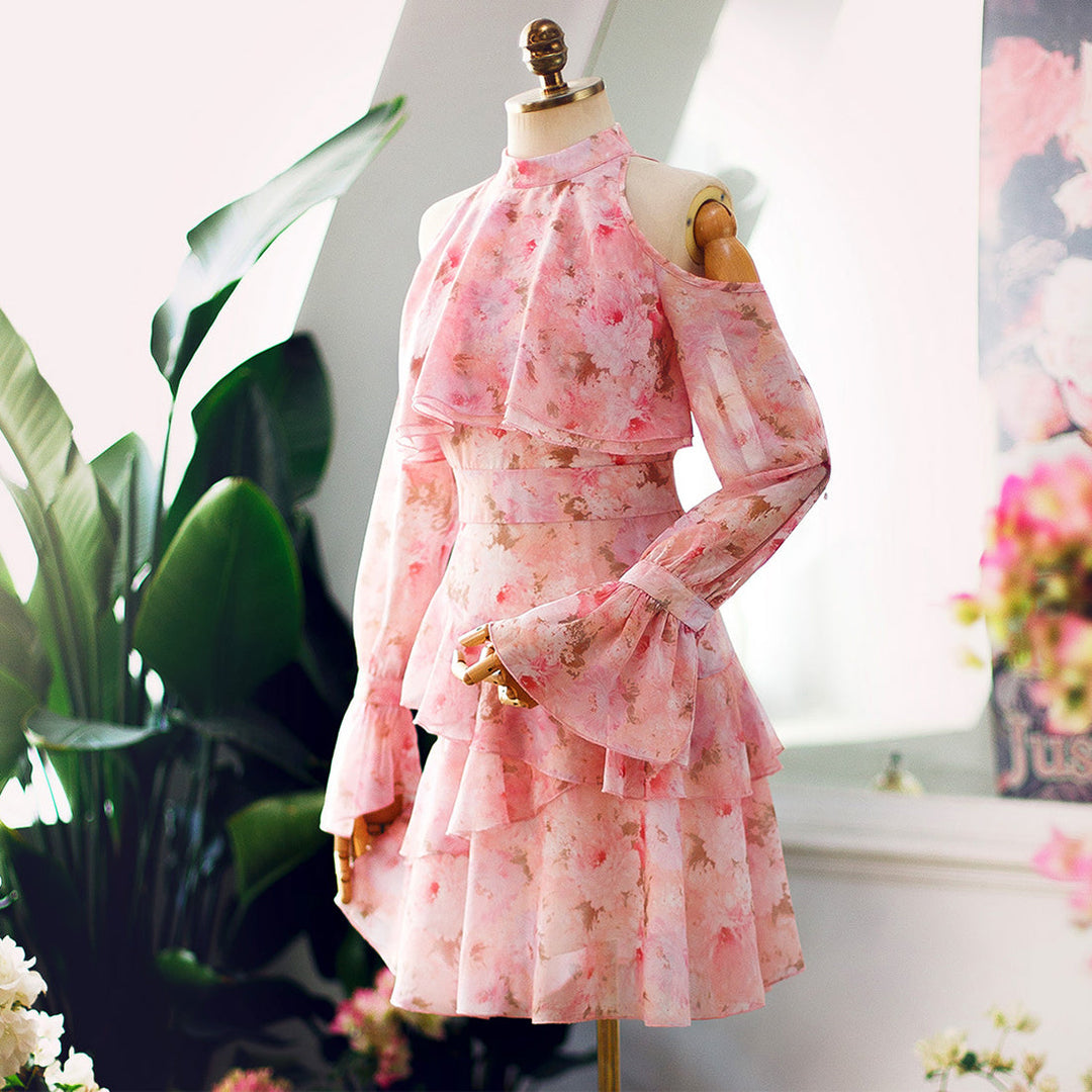 Spring Floral Fairy Halter Long Sleeve Dress