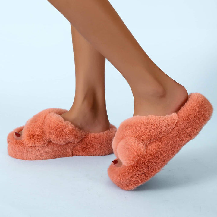 Women Cross Band Soft Plush House Indoor Outdoor Bottom Slippers