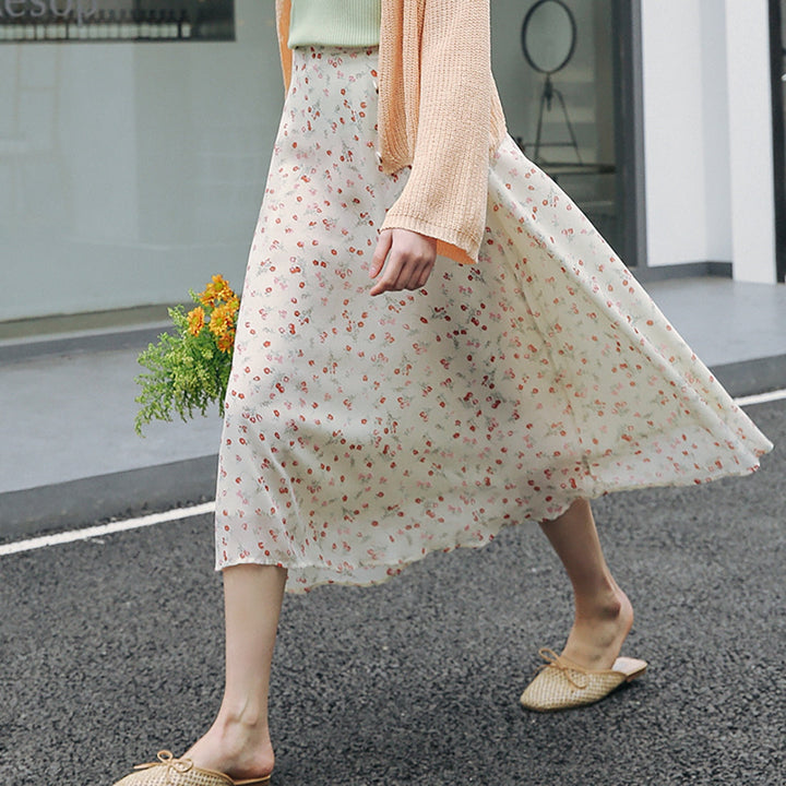 Womens Floral Print Chiffon High Waist Skirt