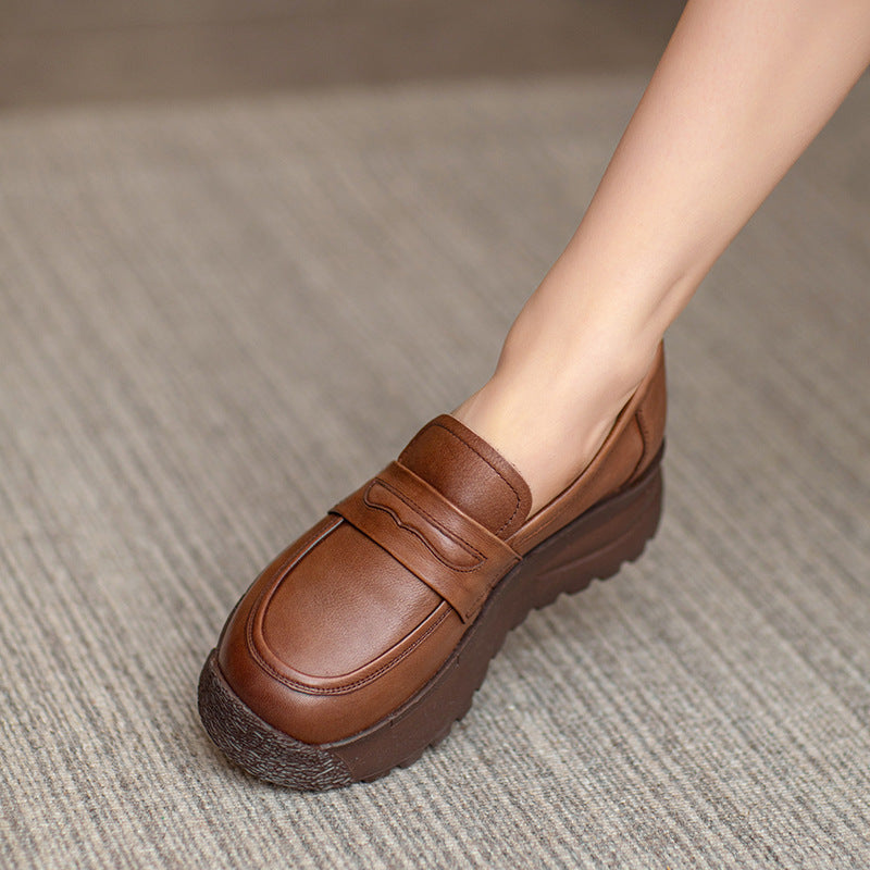Women Retro Thick Bottomed Increased Height Non-slip Leather Loafers
