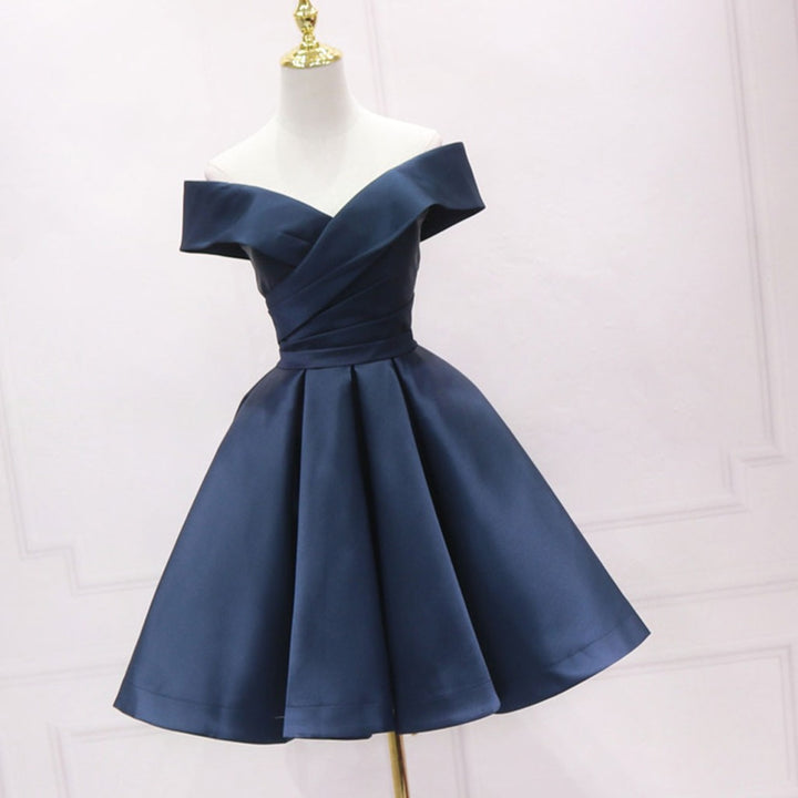 Navy Homecoming Dress Off Shoulder Satin Dark Blue Short Prom Dress