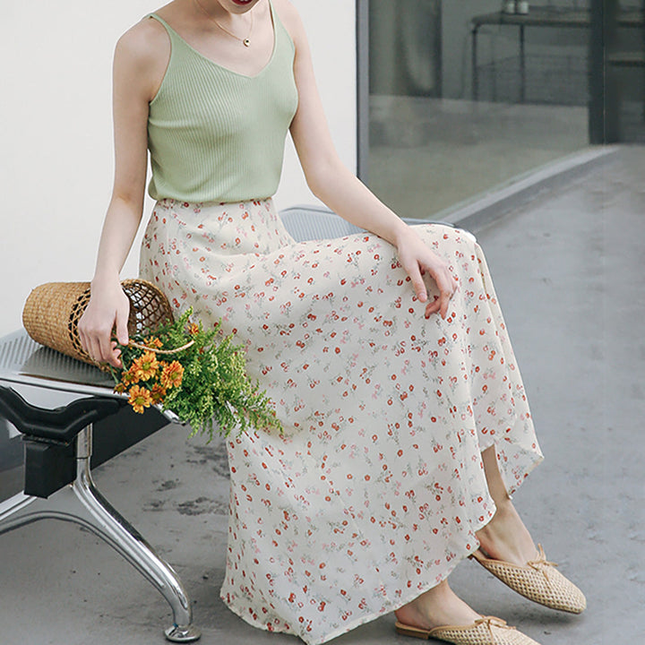 Womens Floral Print Chiffon High Waist Skirt