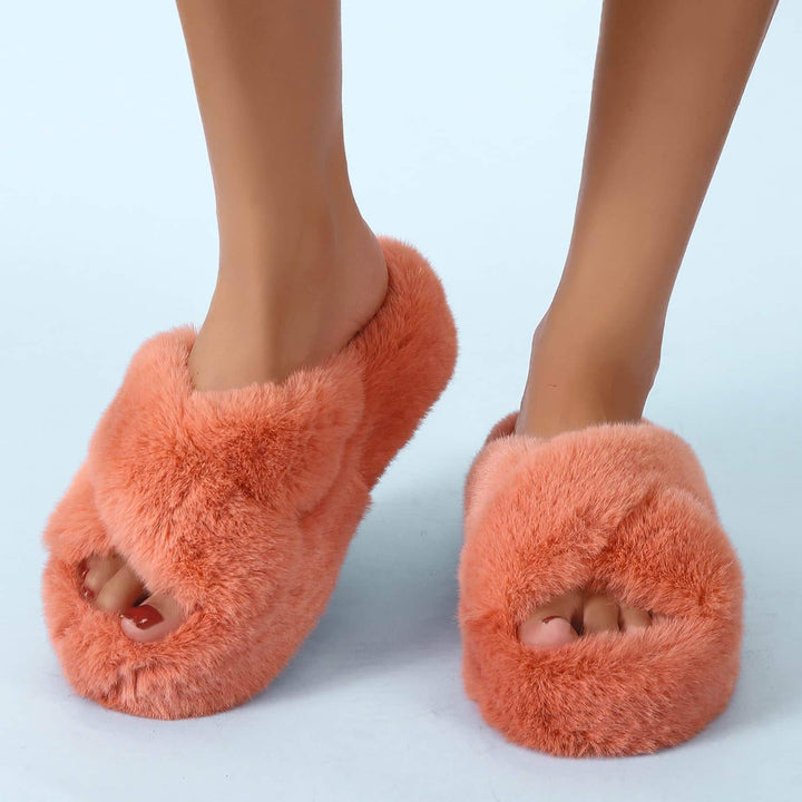 Women Cross Band Soft Plush House Indoor Outdoor Bottom Slippers