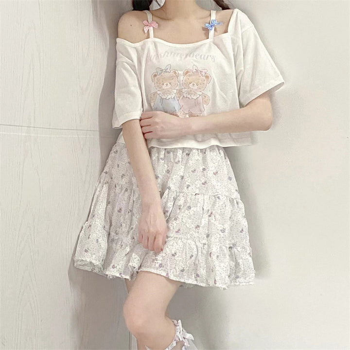 Cute Japanese Soft Girl Strapless Bow Bear Print T-shirt
