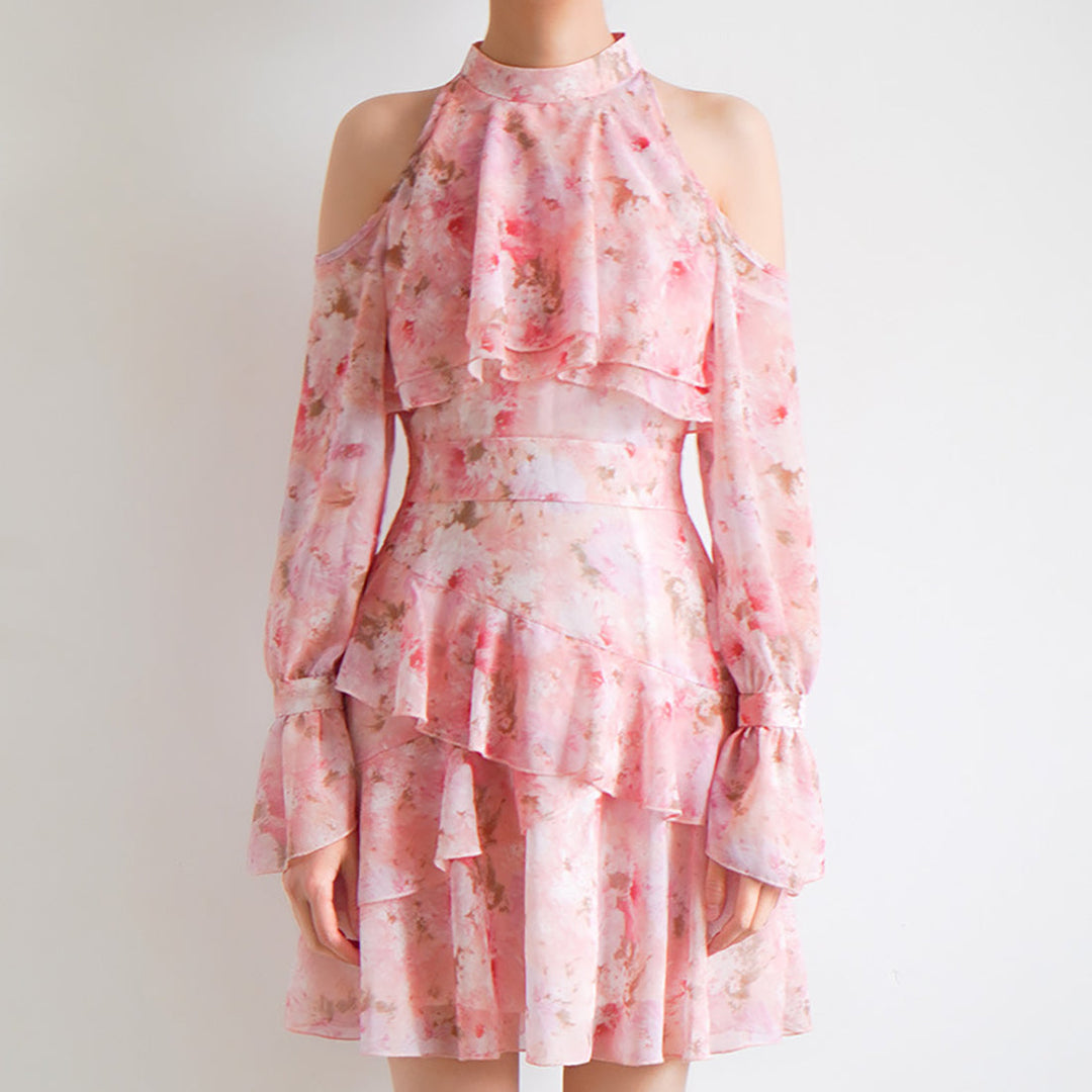 Spring Floral Fairy Halter Long Sleeve Dress