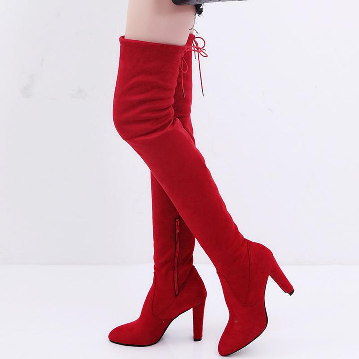Women Elastic Zipper Pointed Toe Chunky Suede Over The Knee Boots