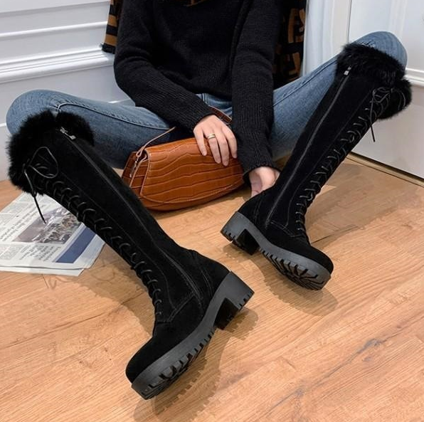 Women Knee High Faux Fur Winter Lace Up Boots