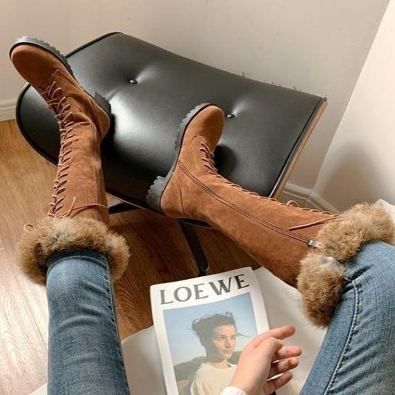 Women Knee High Faux Fur Winter Lace Up Boots