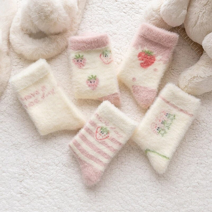 Sweet Pink Strawberry Milk Fuzzy Socks 5 Pairs