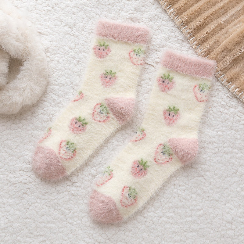 Sweet Pink Strawberry Milk Fuzzy Socks 5 Pairs