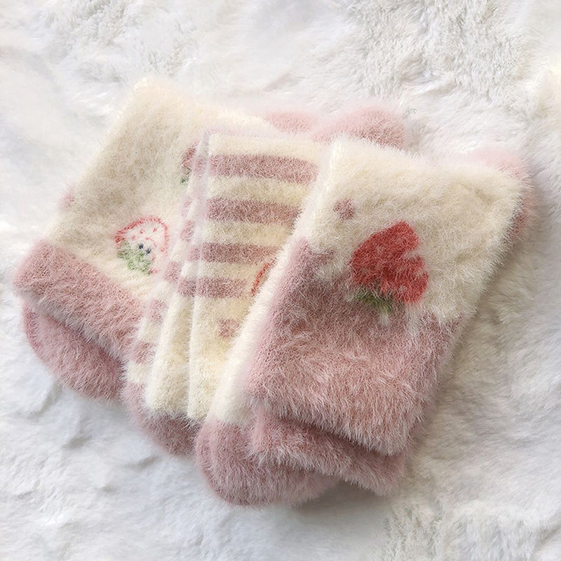 Sweet Pink Strawberry Milk Fuzzy Socks 5 Pairs