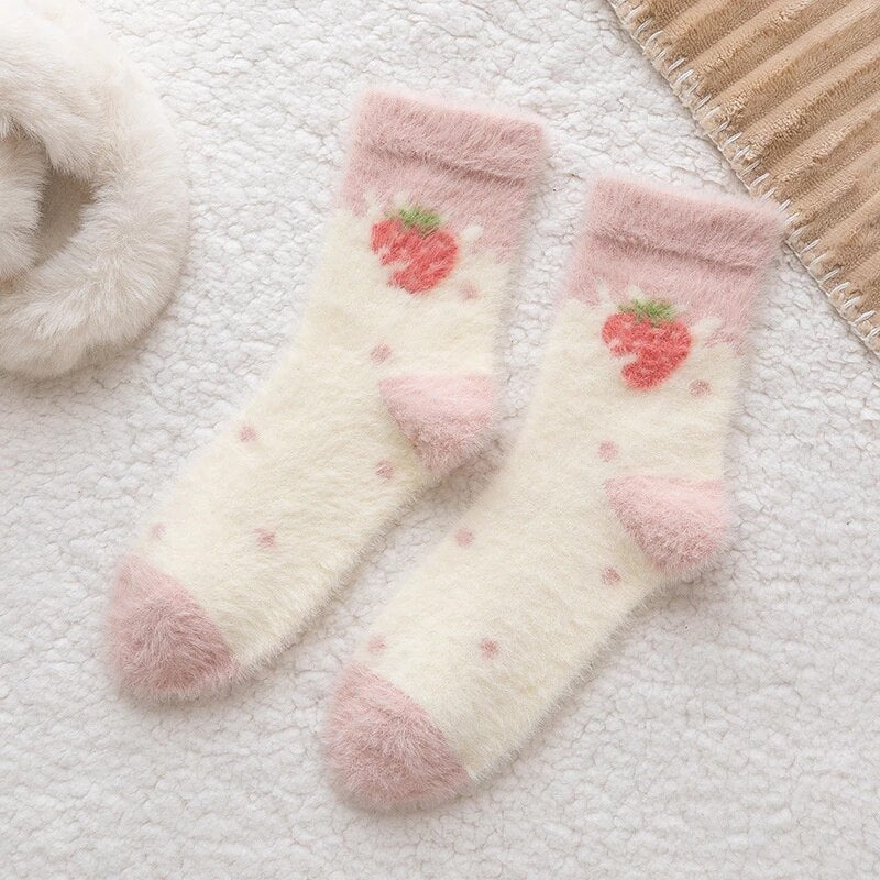 Sweet Pink Strawberry Milk Fuzzy Socks 5 Pairs