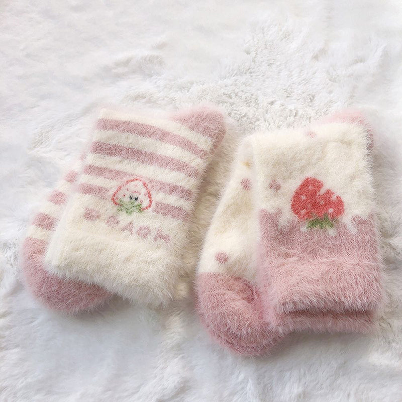 Sweet Pink Strawberry Milk Fuzzy Socks 5 Pairs