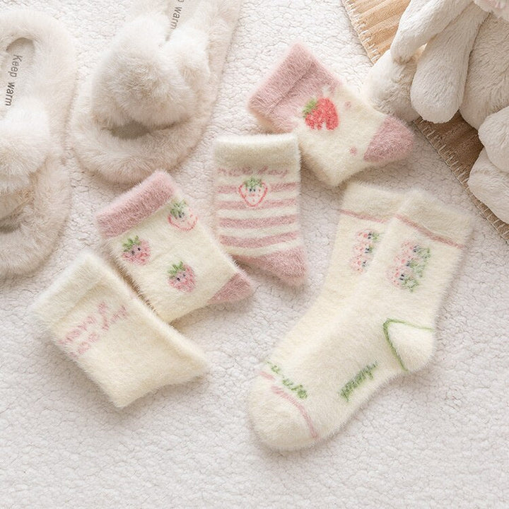 Sweet Pink Strawberry Milk Fuzzy Socks 5 Pairs