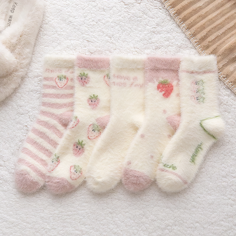 Sweet Pink Strawberry Milk Fuzzy Socks 5 Pairs