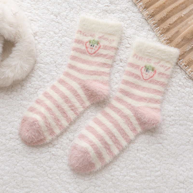 Sweet Pink Strawberry Milk Fuzzy Socks 5 Pairs