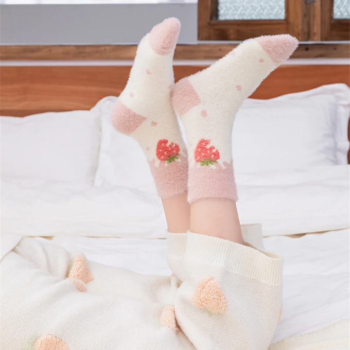 Sweet Pink Strawberry Milk Fuzzy Socks 5 Pairs