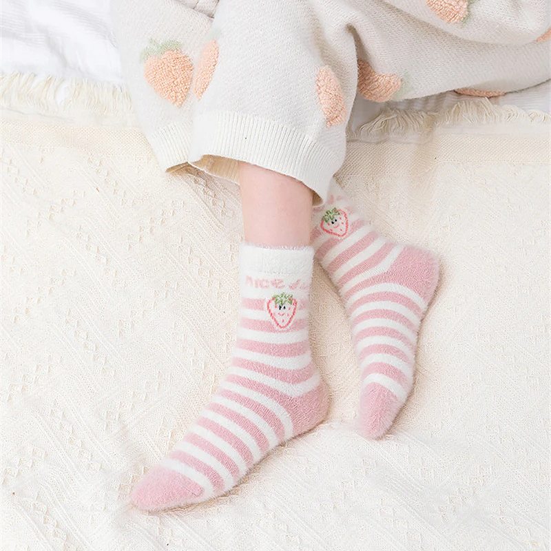 Sweet Pink Strawberry Milk Fuzzy Socks 5 Pairs