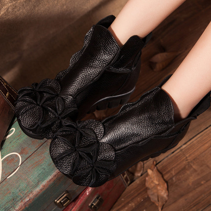 Handmade Flower Shoes Retro Leather Ankle Booties