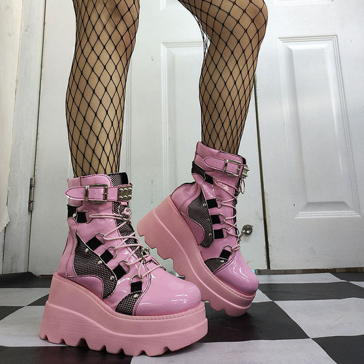 Womens Punk Lace-Up Platform Boots