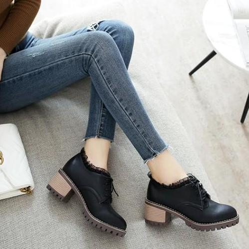 Cute Girls Teenage Lace-up Boots Mid Heels Shoes