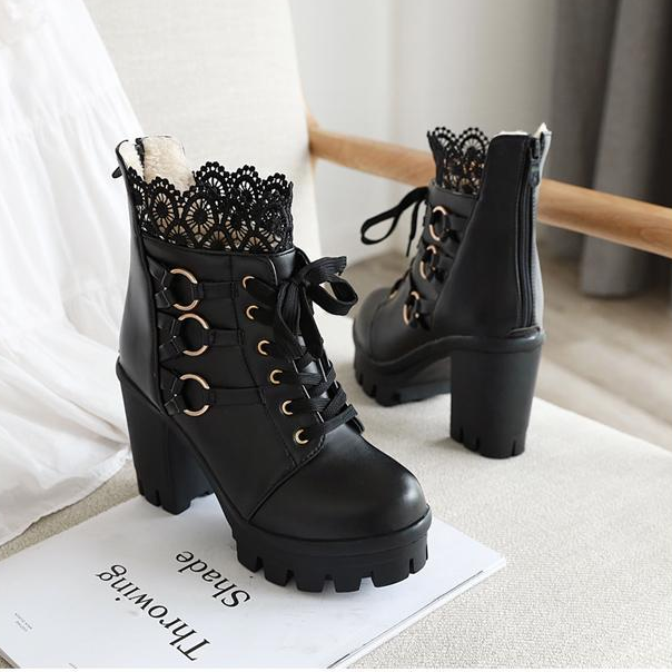 Women's Platform Thick High Heel Lace Up Ankle Boots
