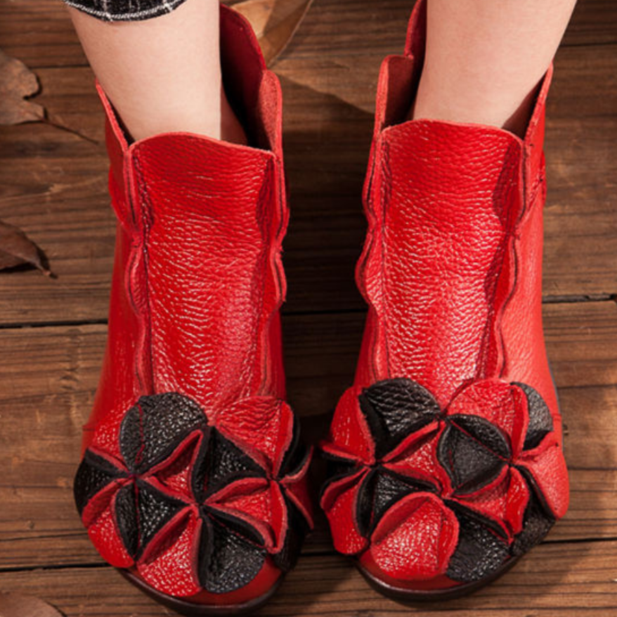 Handmade Flower Shoes Retro Leather Ankle Booties