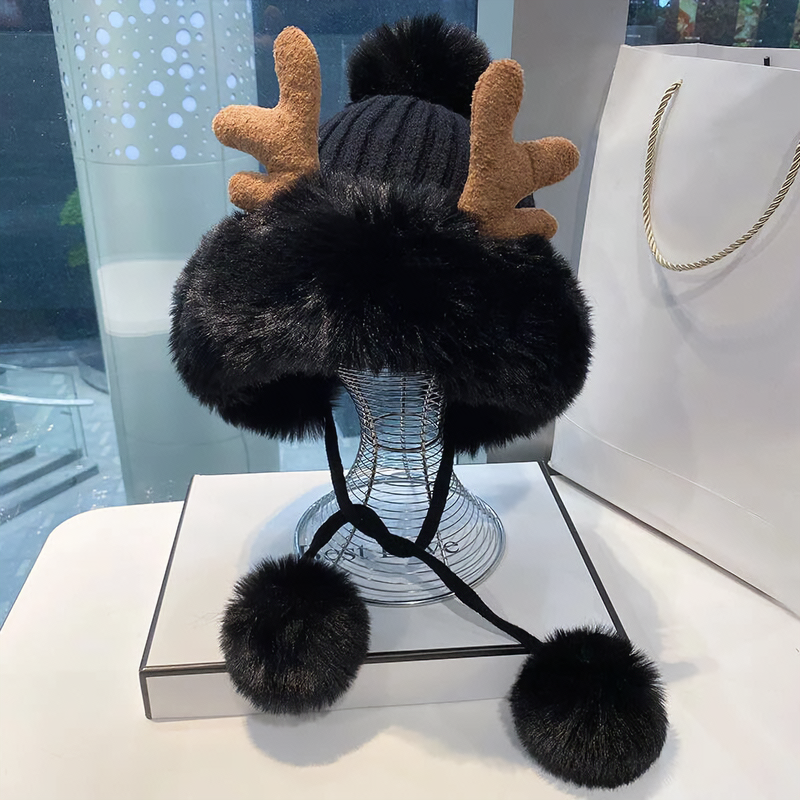 Winter Beanie Cute Reindeer Pom Pom Winter Knit Hat