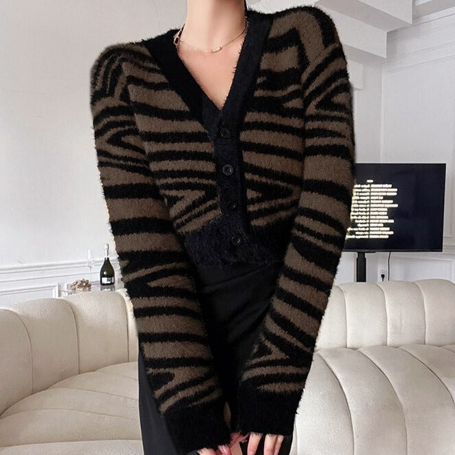 Womens Jackets Vintage Leopard Cardigan Zebra Pattern V neck Mohair Knitwear