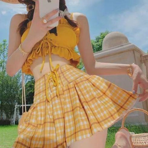 Ruffle Suspenders Two Piece Swimwear