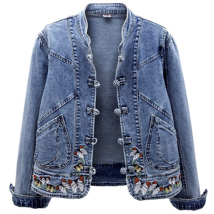Vintage Autumn Embroidery Women Denim Jackets Washed Blue Jean Coat