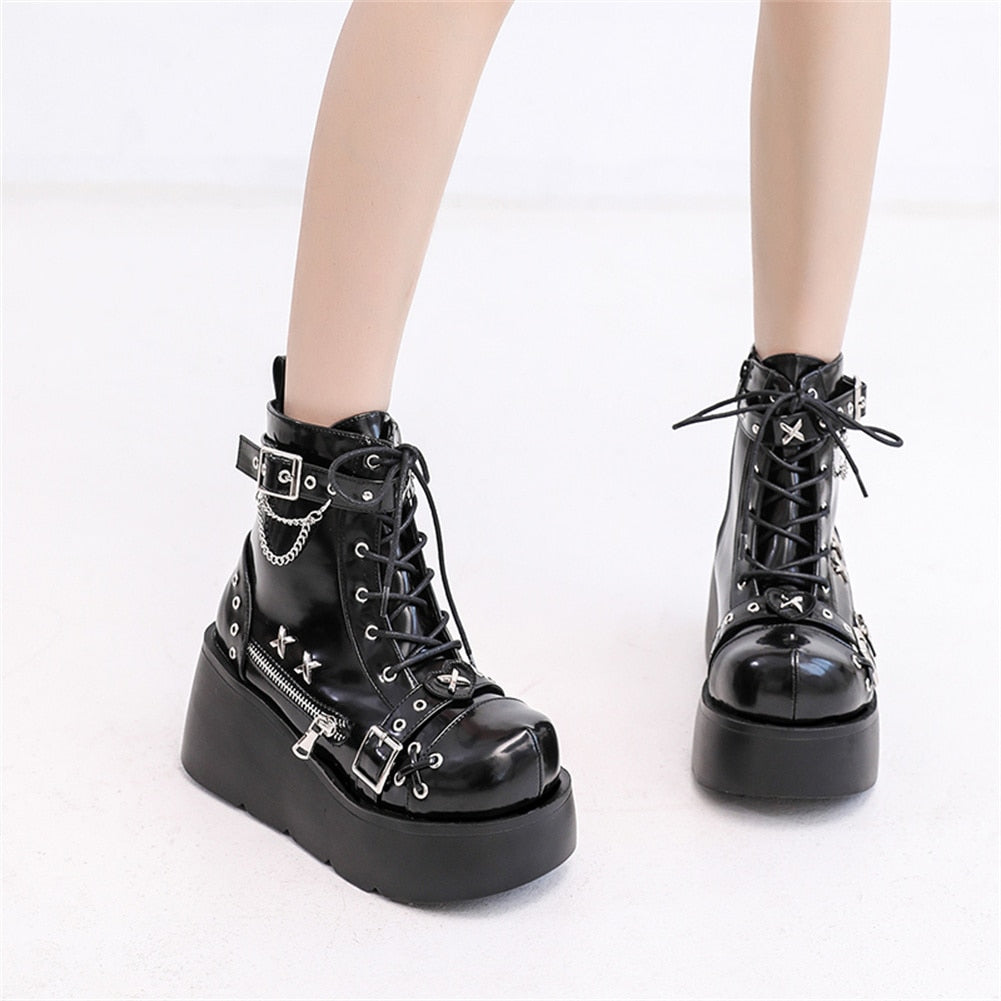 Goth Platform Ankle Boots Buckle Zip Rivet Punk Wedges High Heels Womens Boots Shoes