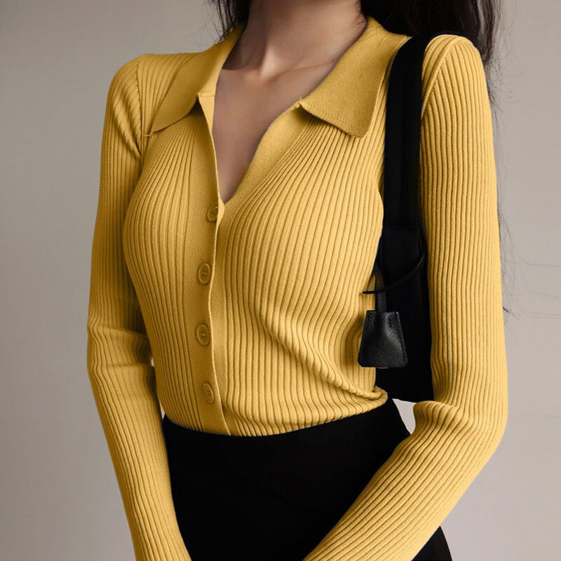 Womens Lapel Slim Slimming Tops V Neck Knit Cardigan