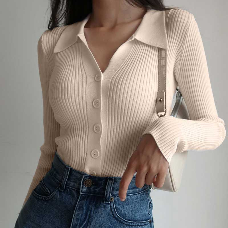 Womens Lapel Slim Slimming Tops V Neck Knit Cardigan