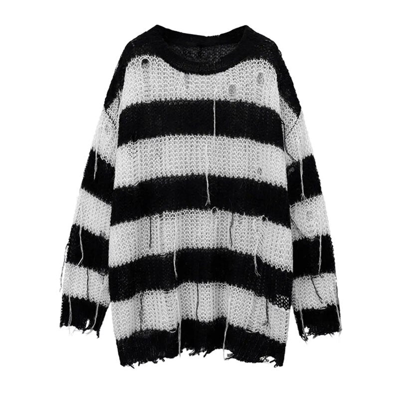 Womens Y2K Black Grunge Tassel Cutout Sweater