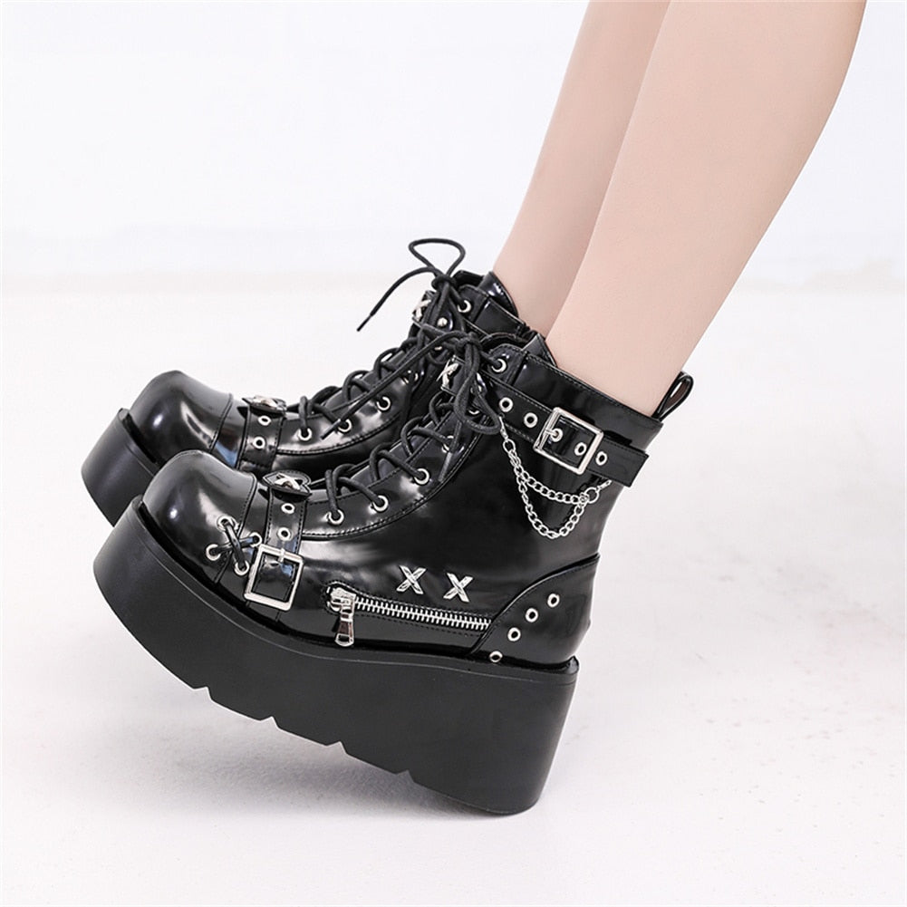 Goth Platform Ankle Boots Buckle Zip Rivet Punk Wedges High Heels Womens Boots Shoes