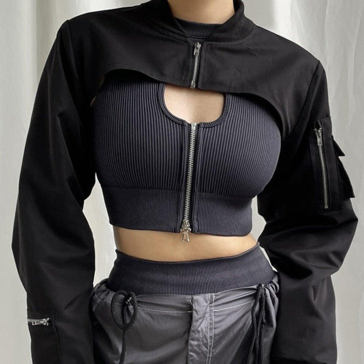 Women's Zipper Front Black Alternative Cropped Jacket