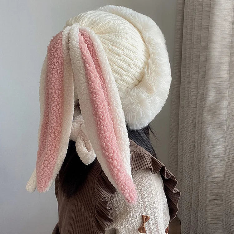 Winter Plush Knitted Beanie Hat Rabbit Ear Hats for Women Girls