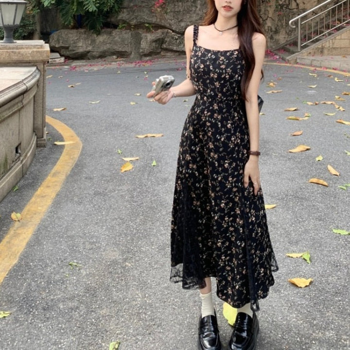 Black Crushed Lace Roses Dress Halter Dresses Mesh Split Dress