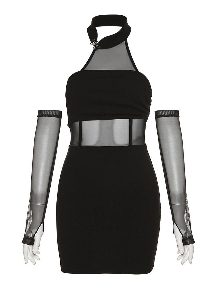 Tight Semi-transparent Dress Black Halter Dress with Sleeves