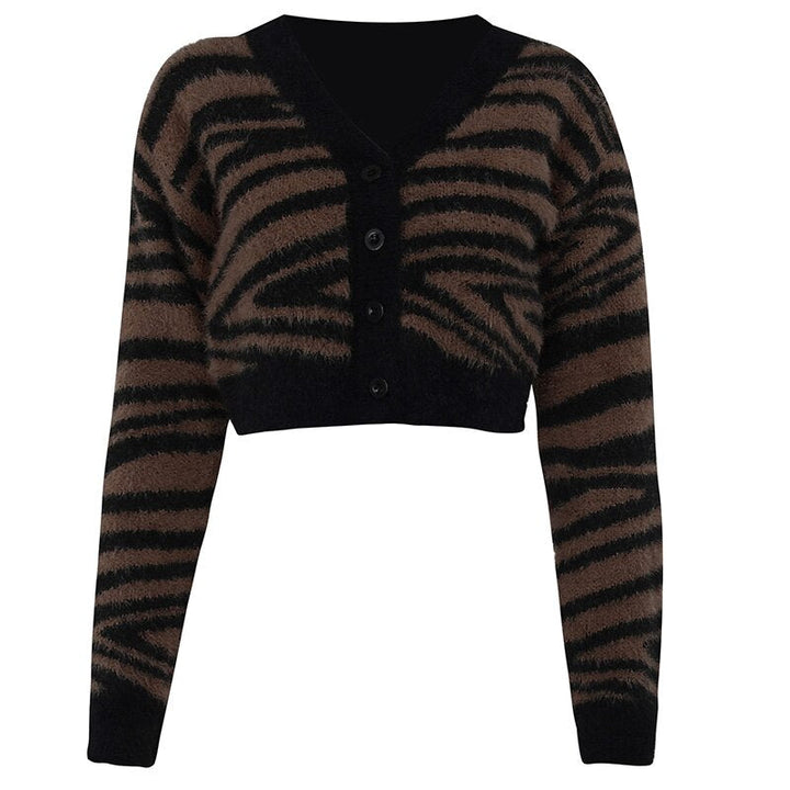 Womens Jackets Vintage Leopard Cardigan Zebra Pattern V neck Mohair Knitwear