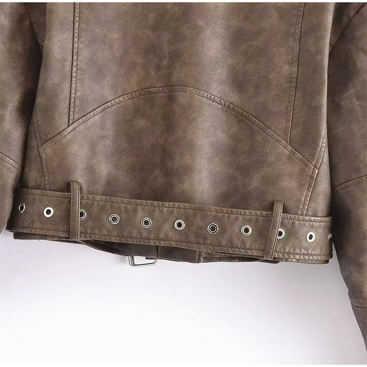 Women's Leather Jacket Bomber Belt Vintage Turn Down Collar Zipper Short Coat
