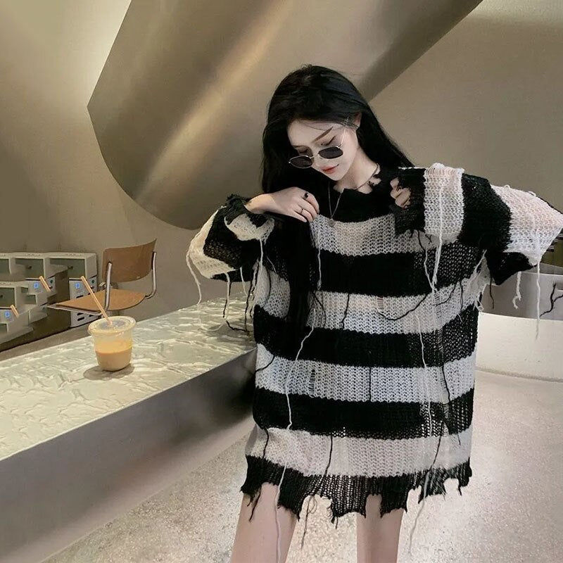 Womens Y2K Black Grunge Tassel Cutout Sweater