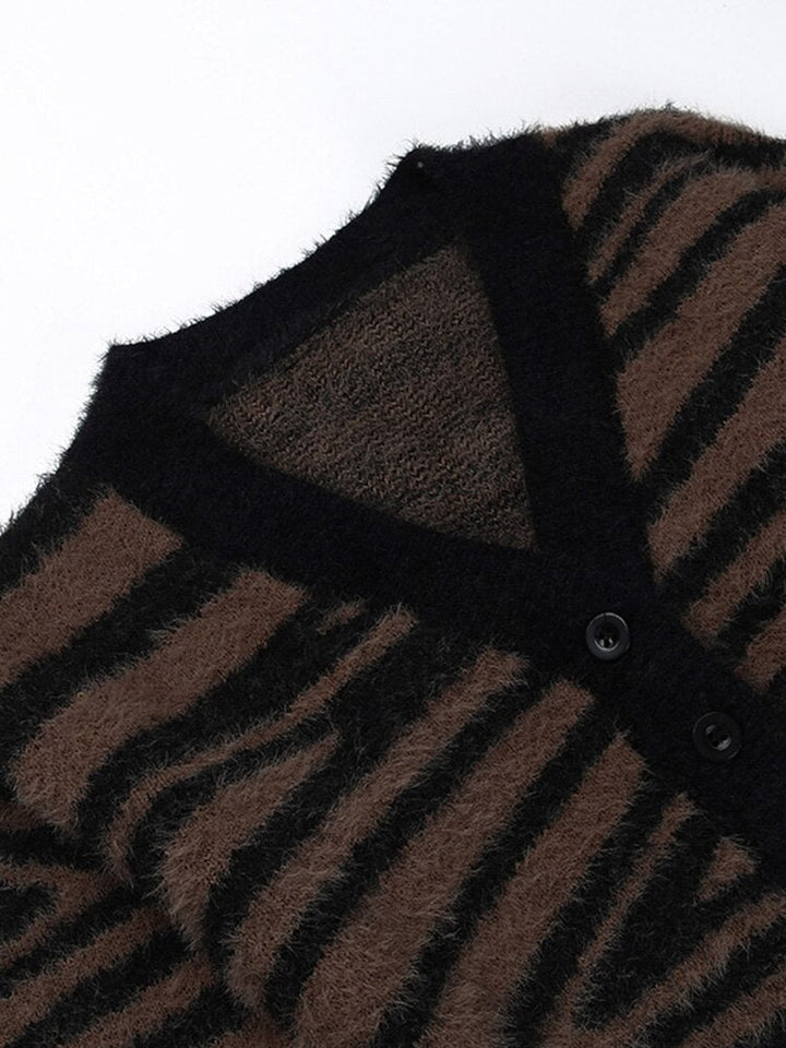 Womens Jackets Vintage Leopard Cardigan Zebra Pattern V neck Mohair Knitwear